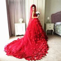 Wholesale 3D Floral Appliques Red Wedding Dress with Veil Luxury Design Bow Belt Fancy Tulle A Line Long Trail Bridal Gowns Custom Made