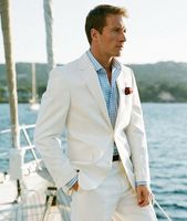 Wholesale 2018 Summer White Linen Blazer Custom Made Linen Suit Sharp Look Tailored Groom Suit Bespoke Mens Linen Suits For Wedding Tuxedos For Men