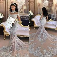 Wholesale Sexy Mermaid Style Wedding Dress High Neck Bling Bling Appliques Chapel Train Luxury Illusion Long Sleeves Bridal Gowns For Bride