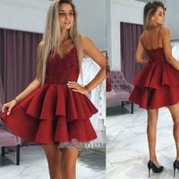 Wholesale New Dark Red Homecoming Dresses with Spaghetti Straps Tiered Skirts Sequins Lace Appliqued Short Prom Formal Gown BC0002