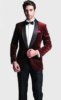 Wholesale 2018 Burgundy Velvet Men Suits Slim Fit Groom Tuxedos Wedding Suits Custom Made Groomsmen Best Man Prom Suits Black Pants Jacket Pants