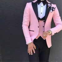 Wholesale 3 Pieces Pink Men s Wedding Suit One Button Black Peaked Lapel Formal Tuxedos Slim Fit Jacket Pants Vest