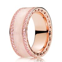 Wholesale 18CT Rose Gold Plated Over Sterling Silver Cream Enamel Clear CZ Ring Fit Pandora Charm Jewelry Engagement Wedding Lovers Fashion Ring