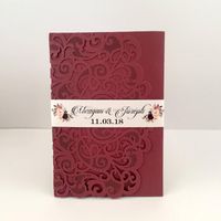 Wholesale 2019 Marsala Burgundy Pocket Wedding Invitations Die Cut Shimmy Trifold Wedding Invites with Belly Band Color Provide Free Printing
