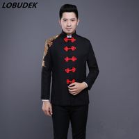 Wholesale jacket pants Chinese style Male Suits Black Red Embroidery Blazers singer stage Costumes chorus team Prom Party performance stage outfits