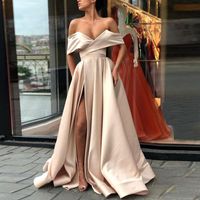 Wholesale New Cheap Split Champagne Prom Dresses Off The Shoulder Satin Floor Length White Pink Blush Simple Evening Party Dresses
