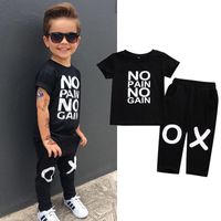 Wholesale Summer Suit Kids Baby Boy Outfits Short Sleeve No pain no gain Letters Printed T shirt Top Pants Black Children Clothing Sets