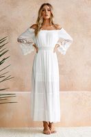 Wholesale 2018 New White Women Bohemian Dresses Long Chiffon Boat Neck Lace Puffy Long Sleeves Slim Waist Summer Beach Dress Ankle Length In Stock
