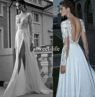 Wholesale Berta Bride High Slits Beach Wedding Dresses Backless Boho Long Sleeves Bridal Gowns Bohemian Lace Appliqued Custom Made Bridal Gowns