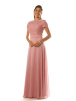 Wholesale Dusty Pink Long Modest Bridesmaid Dresses With Short Sleeves Jewel Lace Bodice Chiffon Formal Evening Gpwns Plus Size Prom Dresses DH4262