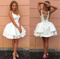 Wholesale Sexy Criss cross Straps Backless White Little Prom Dresses Tiered Satin Short Formal Party Dresses Cheap Cocktail Homecoming Dress