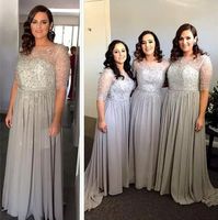 Wholesale Luxury Dubai Arabic Beaded Sequin Bridesmaid Dresses Long Light Grey Chiffon Lace Illusion Half Sleeve Maid Of Honor Gowns EN10511
