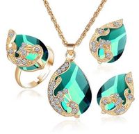 Wholesale Crystal Peacock Jewelry Sets Bride Wedding Necklace Earring Ring Set Rhinestone Gold Color Water Drop Pendant Women Accessories