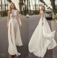 Wholesale 2019 Berta Wedding Dresses High Neck Long Sleeve Slit Bridal Gowns Plus Size Fairy Beach Wedding Dress