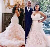 Wholesale Sweetheart African Plus Size Mermaid Wedding Dresses With Beads Sash Tiered Ruffles Skirts Wedding Gowns Lace Up Back Bridal Dresses