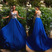 Wholesale Sexy Embroidery Chiffon Prom Dresses Fashion Royal Blue Sheer Jewel Neck Zipper Back Evening Gowns See Through Sweep Train Evening Dresses