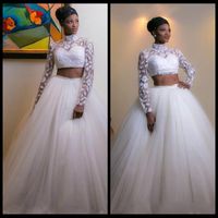 Wholesale 2018 South African Arabic High Collar Wedding Dresses Stylish Two Pieces Lace Long Sleeves Tulle Skirt Bridal Gowns Custom Made