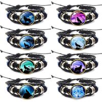 Wholesale Moon Wolf Howling Handmade Glass Cabochon Woven Leather Bangles Mens Black Animal Bracelet DIY Jewelry for women