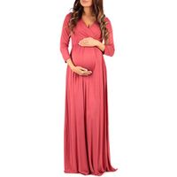 Wholesale Maternity Dress Clothing Women Wraped Ruched Maternity Pregnant Solid Color Seven Quarter Sleeve V Neck Long Loose Dress