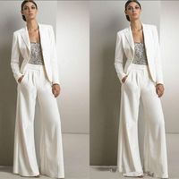 Wholesale White Mother Of The Bride Groom Pant Suits For Silver Sequined Wedding Guest Dress Plus Size pantsuit Set With Jackets Lady Formal Suit