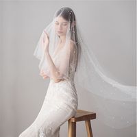 Wholesale Ivory Beaded Pearls Wedding Veils Long Bridal Veil with Comb Wedding Accessories Bride Mantilla Wedding Veil