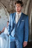 Wholesale New Design Two Buttons Sky Blue Groom Tuxedos Peak Lape Groomsmen Best Man Suit Mens Wedding Suits Bridegroom Jacket Pants Vest Tie NO