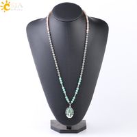 Wholesale CSJA Silver Tree of Life Pendant Necklace Healing Point Natural Gemstone Green Aventurine Jade Jewelry All match Long Beaded Necklaces S233