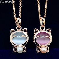 Wholesale Kuziduocai New Fashion Fine Jewelry Gold Color Beads Opal Smile Lucky Cat Clavicle Chain Necklaces Pendants For Women N