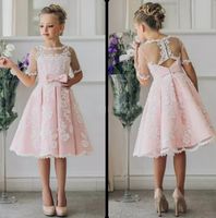 Wholesale Fancy Pink Flower Girl Dress with Appliques Half Sleeves Knee Length A Line Gown with Ribbon Bows For Christmas Pageant Gowns Years Old