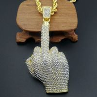 Wholesale Hip Hop Men Gold color Full Rhinestone Big Middle Finger Pendants Necklaces with inch long Twist chain for mens jewelry KKA2115
