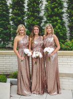Wholesale New Design Rose Gold Sequined Long Bridesmaid Dresses One Shoulder Pleats Floor Length Maid Of Honor Dress Wedding Party Gowns