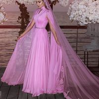 Wholesale High Neck Chiffon Party Gowns Sexy Key Hole Ruched Long Sleeve Sash Evening Dresses Elegant A Line Prom Dress Without Veil