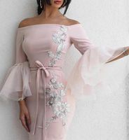 Wholesale Scoop Long Sleeves Sheath Evening Prom Dresses Appliques Pearls Boat Neckline Custom Made Prom Party Dress Formal Wear Evening Gowns