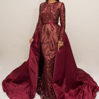 Wholesale Burgundy Lace Sequins Evening Formal Dresses with Long Sleeve Abaya Kaftan Arabic Hijab Jewel Mermaid Prom Dress with Detachable Train