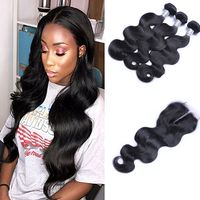 Wholesale Brazilian Body Wave Virgin Hair Weaves with x4 Lace Closure Unprocessed Remy Human Hair Weaves Double Weft Natural Black Color