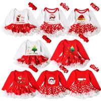 Wholesale Baby girls Christmas printing Red dress ps sets crocheted bow headband Xmas pattern romper Infants first christmas gifts cute outfits A08