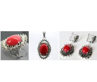 Wholesale Fashion Red Carved Lacquer Marcasite Sterling Silver floeer Ring Earrings Pandent jewelry sets