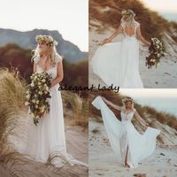 Wholesale Rustic V Neck Lace Country Wedding Dresses Cheap Cap Sleeve Open Back Bohemian Wedding Dress Winter Celtic Bridal Gowns