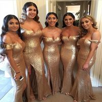 Wholesale Stunning Gold Sequin Mermaid Bridesmaid Dresses Sweetheart Split Long Bridesmaids Gowns with Cap Sleeves Wedding Guest Dresses