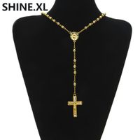 Wholesale Hip Hop Iced Out Long Rosary Necklaces Bead Chain Cross Pendant Gold Color Catholic Church Ball Jewelry