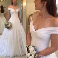Wholesale Simple Tulle Pleats Beach Wedding Dresses with A Line Off The Shoulder Bridal Gowns Ruffle Formal Wedding Reception Dress Arabic Gowns
