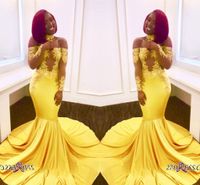 Wholesale Vintage Off Shoulder Yellow Prom Dresses For Black Girl Appliques See Through Long Sleeves Formal Evening Gowns