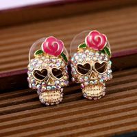 Wholesale Fashion Jewelry Stud Earrings for Women girls lovely Pink Rose Rhinestone Halloween Skeleton Skull Ear Studs Earring