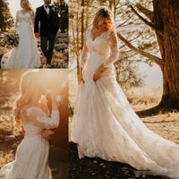 Wholesale 2019 Flowy lace Beach Boho Wedding Dresses With Long Sleeves Vintage Crochet Lace V neck Summer Holiday Country Bridal Gowns