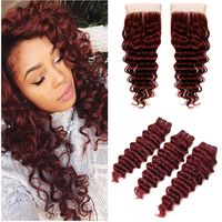 Wholesale J Wine Red Brazilian Deep Wave Human Hair Bundle Deals with Closure Deep Wavy Burgundy Lace Closure x4 With Weaves Double Wefts