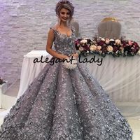 Wholesale Silver Grey Puffy Skirt Princess Prom Formal Party Dresses Modest Sweetheart Dubai Arabic D Floral Lace Evening Occasion Gown