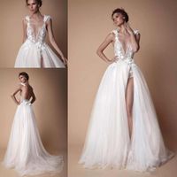 Wholesale 2018 Bohemian Lace Wedding Dresses D Appliqued A Line Deep V Neck Beach Bridal Gowns Sweep Train Tulle Split Side Sexy