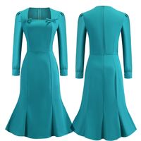 Wholesale 2018 Teal Long Sleeves Work Dresses Square Neck Solid Color with Bow Cotton Women Mermaid Vintage Pencil Dress FS6141