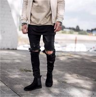 Wholesale hot sell Newest men s biker hole style jeans knee big hole punk skinny jeans Casual Long men ripped jeans