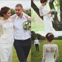 Wholesale Long Sleeve Full Lace Sheath Wedding Dress Bateau Neck Floor Length Simple Design Elegant Style Autumn Bridal Gowns Custom Size